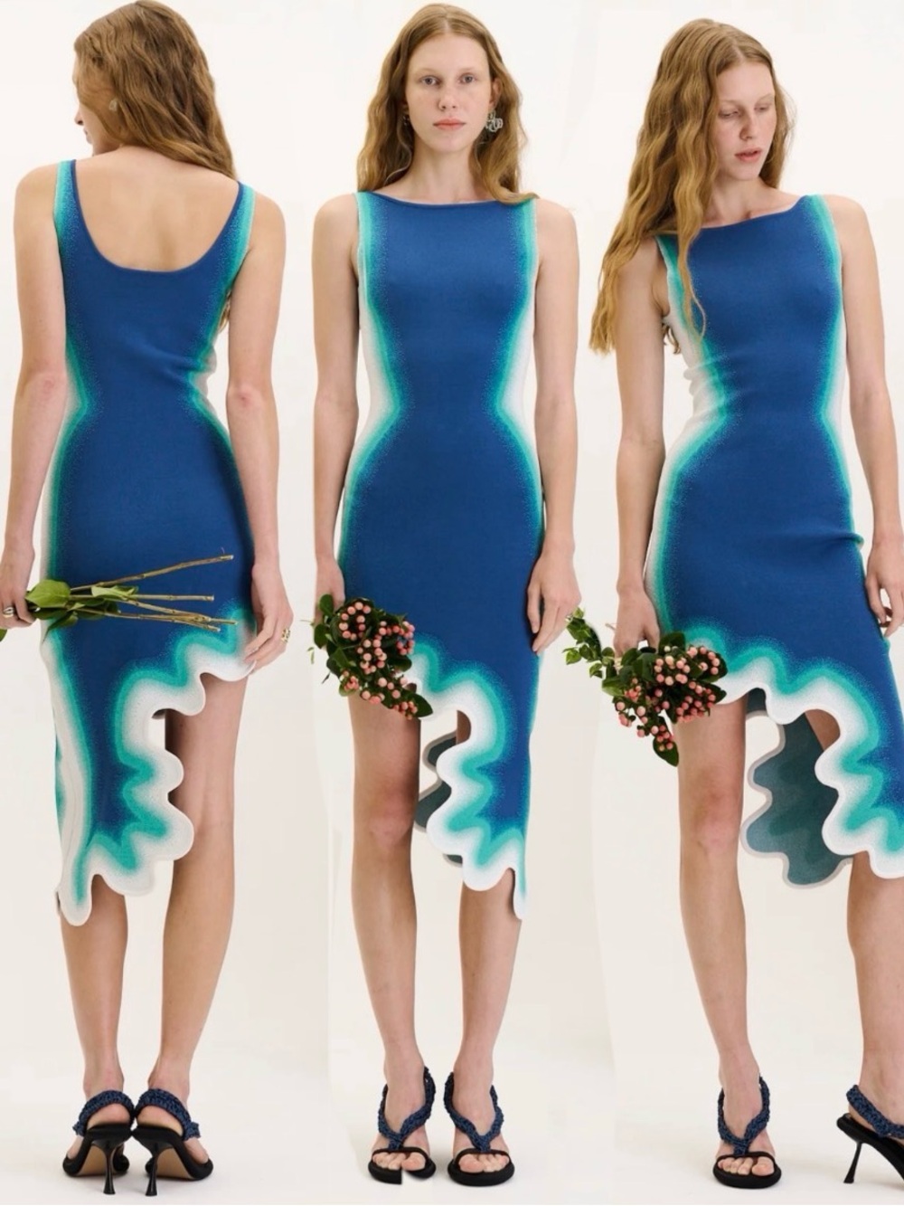 PH5 Blue with Aqua and White Asymmetrical Scallop-Hem Dress size Large.